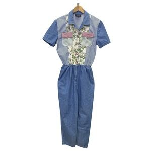 Vintage PG Collections Ginger Bort Denim Patchwork Floral Jumpsuit Womens 12 USA